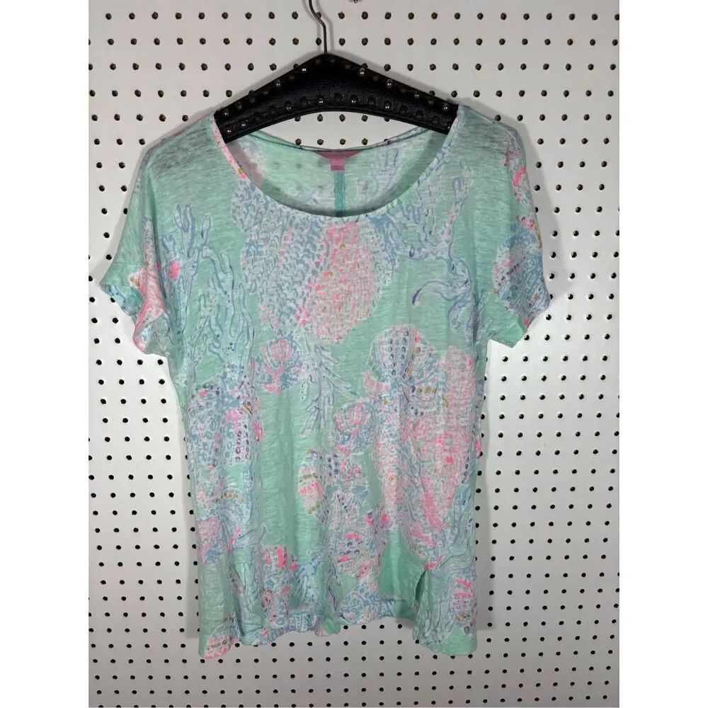 Lilly Pulitzer Mikela Linen Top Minty Fresh Fan Sea Size S
